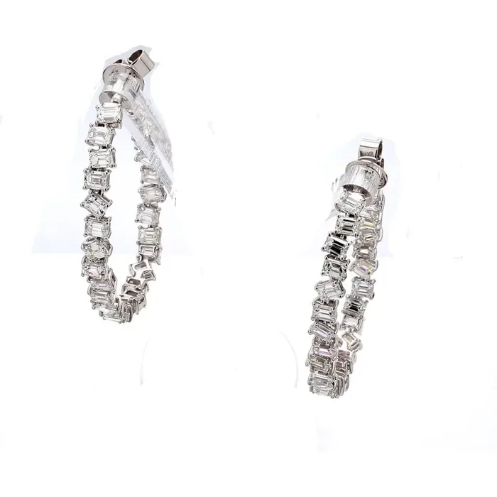 Ninacci 18K White Gold 1.5″ Inside Out Hoop Earrings with Prong-Set Emerald Cut Diamonds – 7.29 Carat Total Diamond Weight