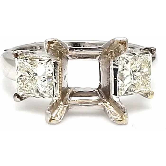 Ninacci 18K White Gold 3-Stone Semi-Mount Engagement Ring with Princess Cut Diamonds – 2.01 Carat Total Diamond Weight