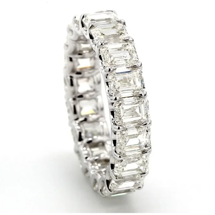 Ninacci 18K White Gold 5.72 Carats Eternity Band with Shared Claw U-Prong Set Emerald Cut Diamonds – Size 5.0