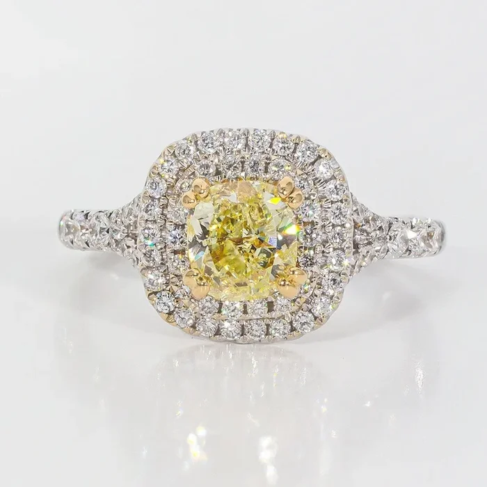 Ninacci 18K White Gold Double Halo Split Shank Ring with Prong Set Rounds and FY Cushion Cut Diamond – 1.49 Carat Total Diamond Weight – Center 1.00 Carats – Size 6.5