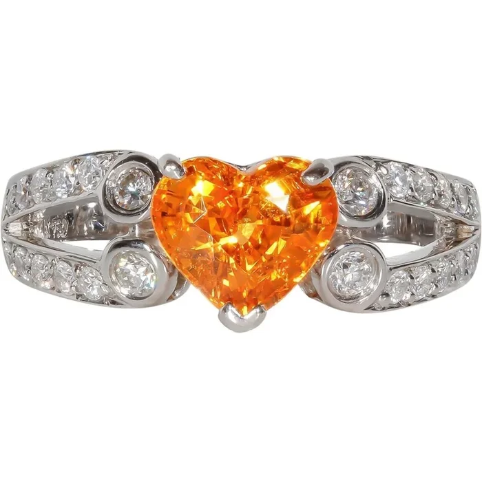 Ninacci 18K White Gold Split Shank Ring with Pave Diamonds and Heart-Shaped Spessartite 2.20 Carats Total Gem Weight – Size 6.5