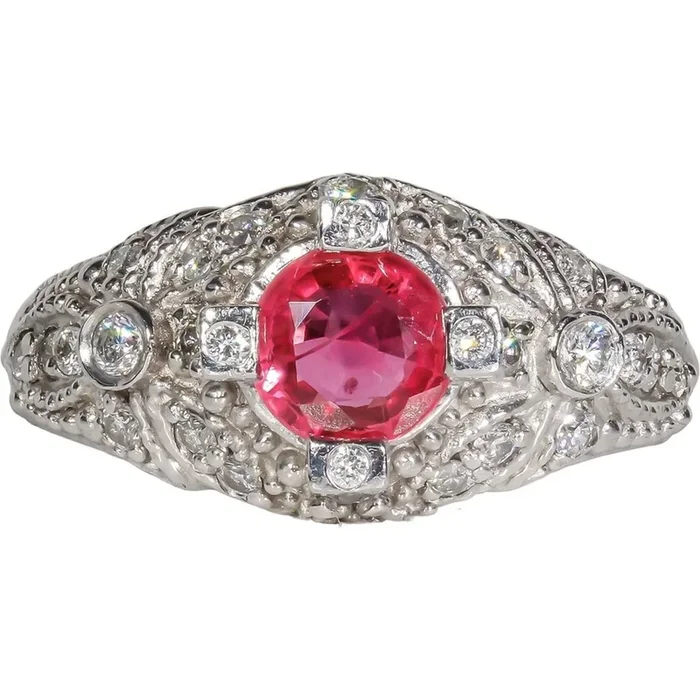 Ninacci Platinum Antique Style Ring with Round Ruby Center and Round Diamonds – 0.37 Carat Total Diamond Weight, 1.06 Carats Ruby Weight – Size 6.0