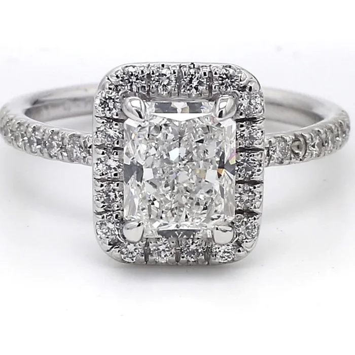 Ninacci Platinum Radiance Halo Ring with GIA Certified E/SI1 Radiant Diamond – 2.47 Carat Total Diamond Weight – Center 2.01 Carats