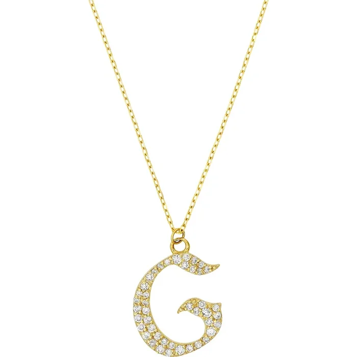 Olas d’Oro 18″ Necklace – 14K Yellow Gold Diamond Gothic ‘G’ Necklace
