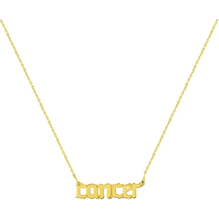 Olas d’Oro 18″ Necklace – 14K Yellow Gold Gothic Cancer Nameplate Necklace