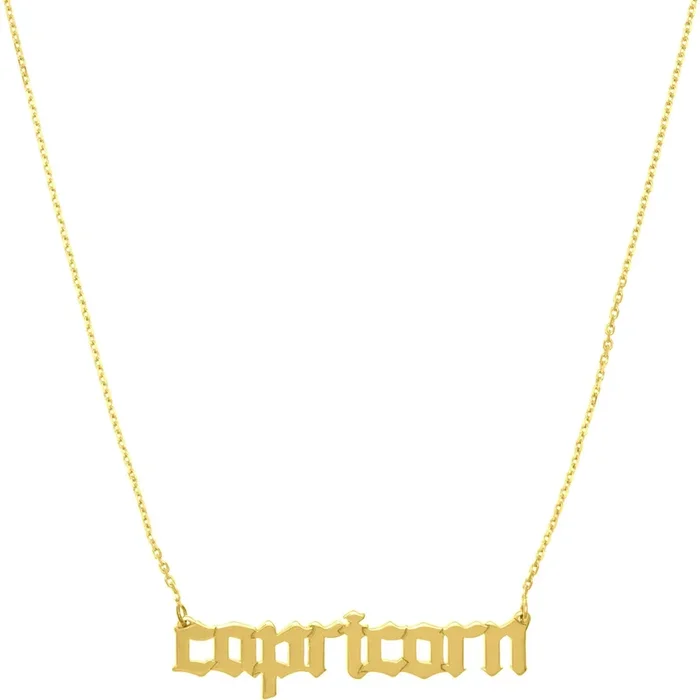 Olas d’Oro 18″ Necklace – 14K Yellow Gold Gothic Capricorn Nameplate Necklace
