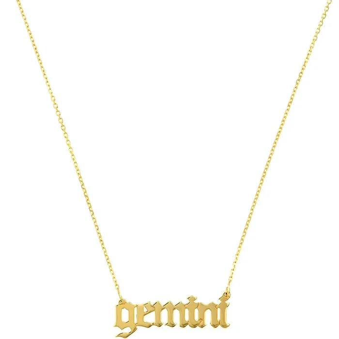 Olas d’Oro 18″ Necklace – 14K Yellow Gold Gothic Gemini Nameplate Necklace