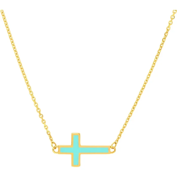 Olas d’Oro 18″ Necklace – 14K Yellow Gold LightTurquoise Enamel Sideways Cross Necklace