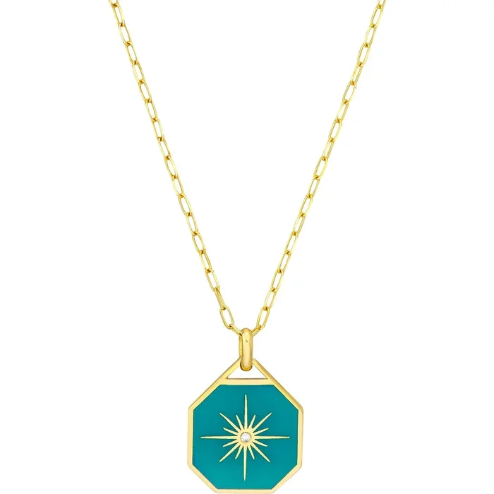 Olas d’Oro 20″ Necklace – 14K Yellow Gold Star Teal Enamel Octagon Medallion