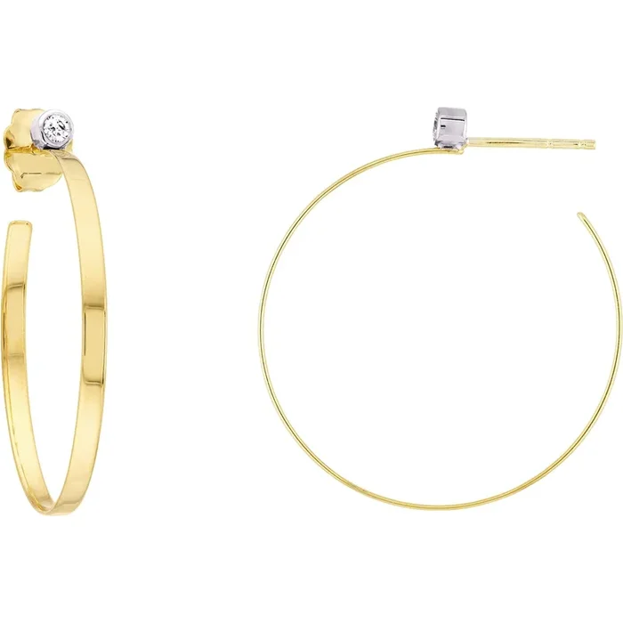 Olas d’Oro Earrings – 14K Yellow and White Gold Two-Tone Open End Hoop Earrings with 3pt Diamond Bezel