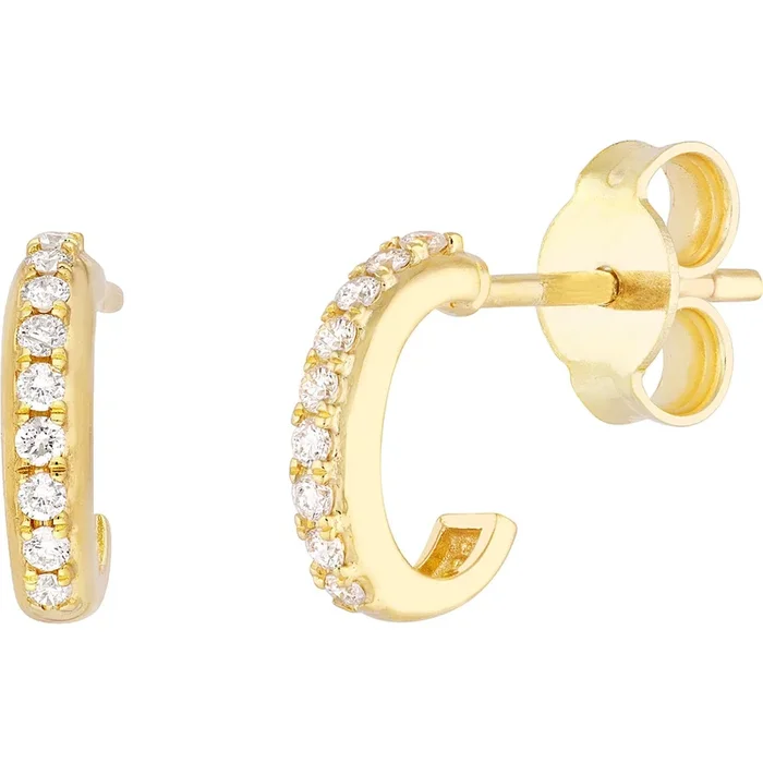 Olas d’Oro Earrings – 14K Yellow Gold Diamond J-Shaped Mini Huggie Earrings