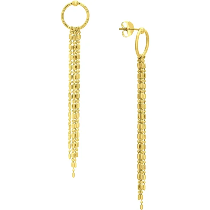 Olas d’Oro Earrings – 14K Yellow Gold Open Circle Earrings with Diamond-Cut Bead Fringe
