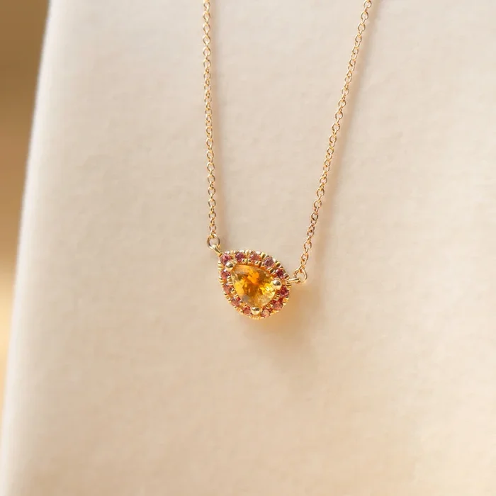 Orange Pear Shaped Montana And Padparadscha Sapphire Necklace Pendant 14K Gold