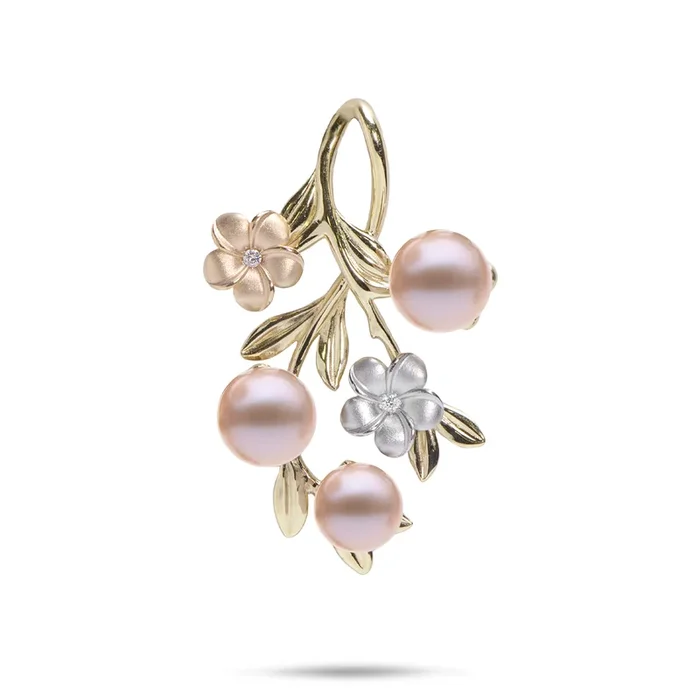 Pearls in Bloom Plumeria Lavender Freshwater Pearl Pendant in Tri Color Gold with Diamonds – 36mm