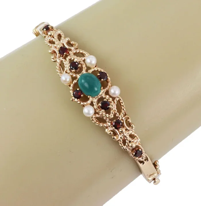 Pearls Turquoise Garnets 14k Yellow Gold Fancy Bangle Bracelet