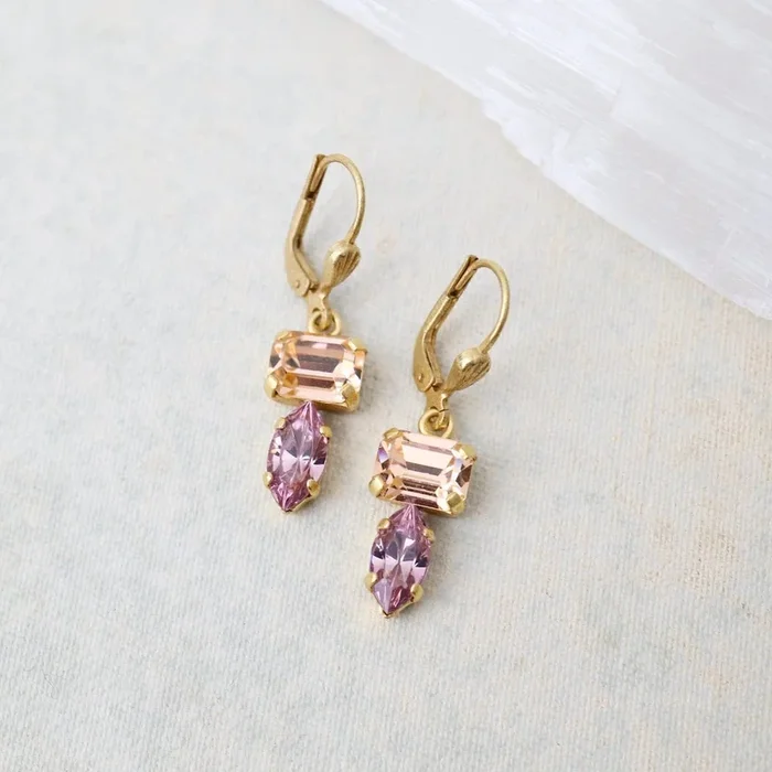 Pink & Peach Double Crystal Earrings – Gold Plate