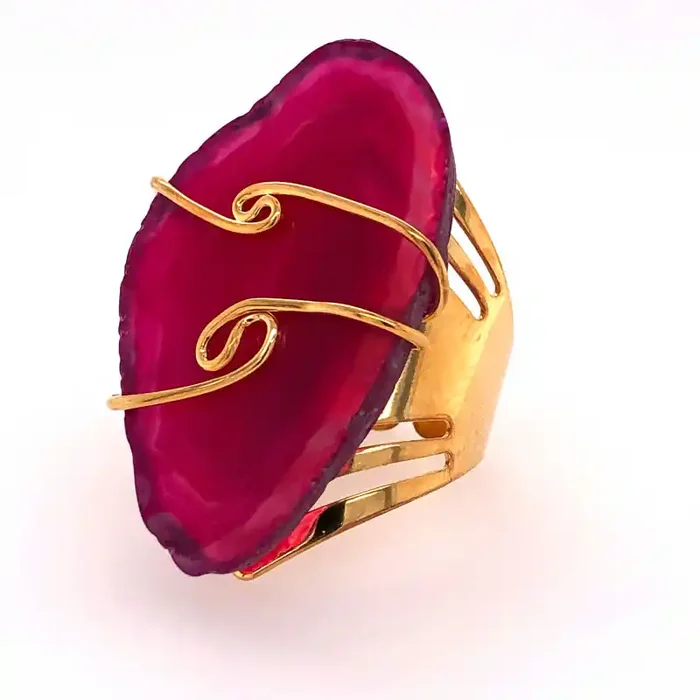 Pink Agate wire wrapped Ring Gold Plated BR 529