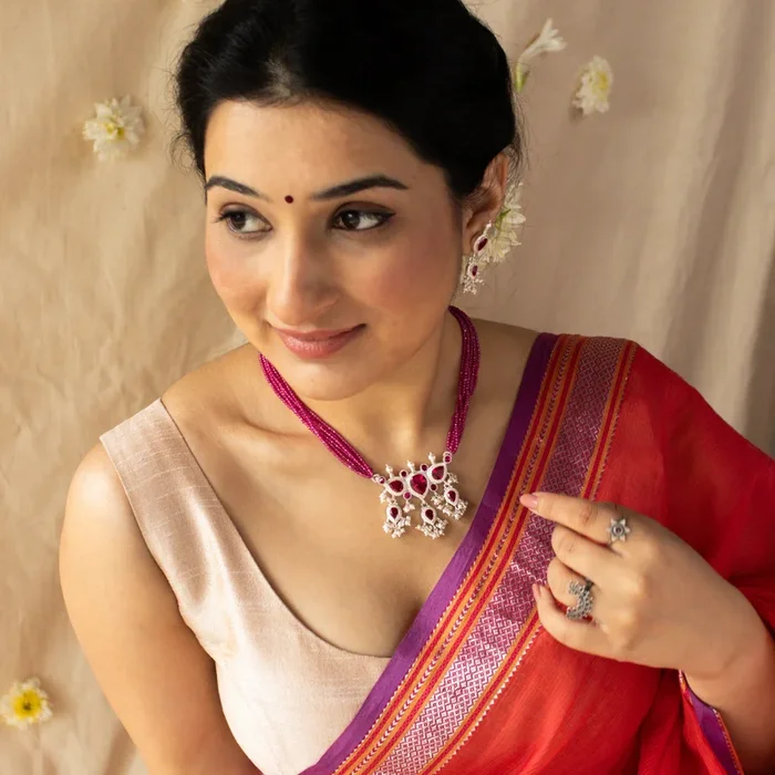 Pink CZ Tanmani Set with Lab Made Ruby Stones