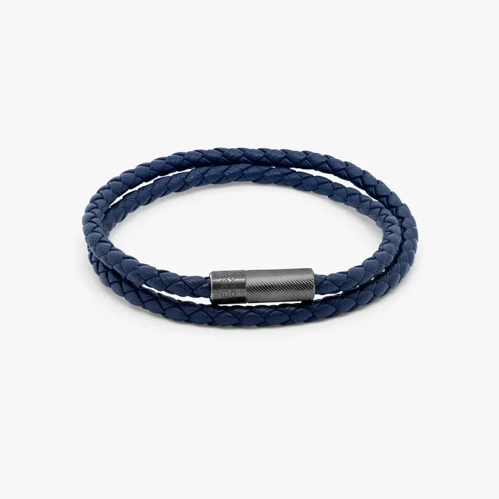Pop Rigato Double Wrap Leather Bracelet In Navy With Black Ruthenium Silver