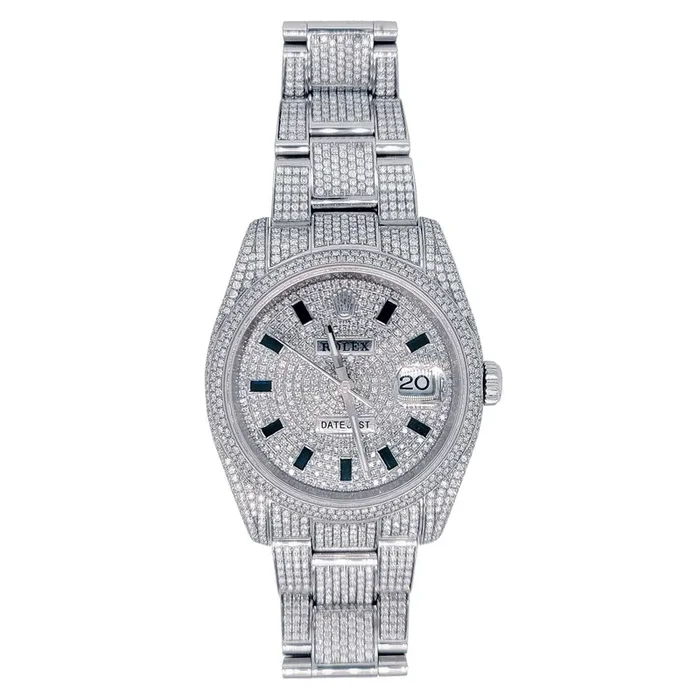 Pre-Owned Rolex Silvertone Stainless Steel Datejust with 36X36 MM Silvertone Diamond Dial. Pave Diamond