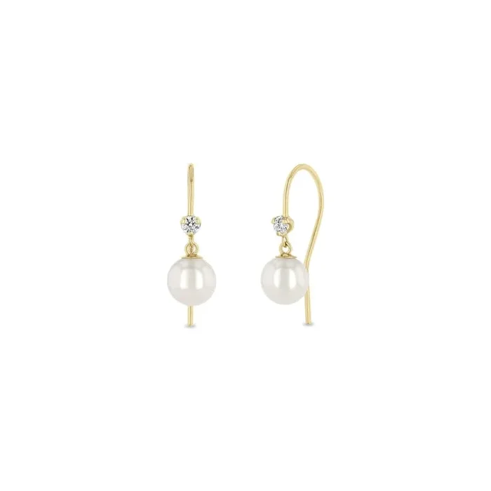 Prong Set Diamonds & Dangling 6mm White Freshwater Cultured Pearls Earrings