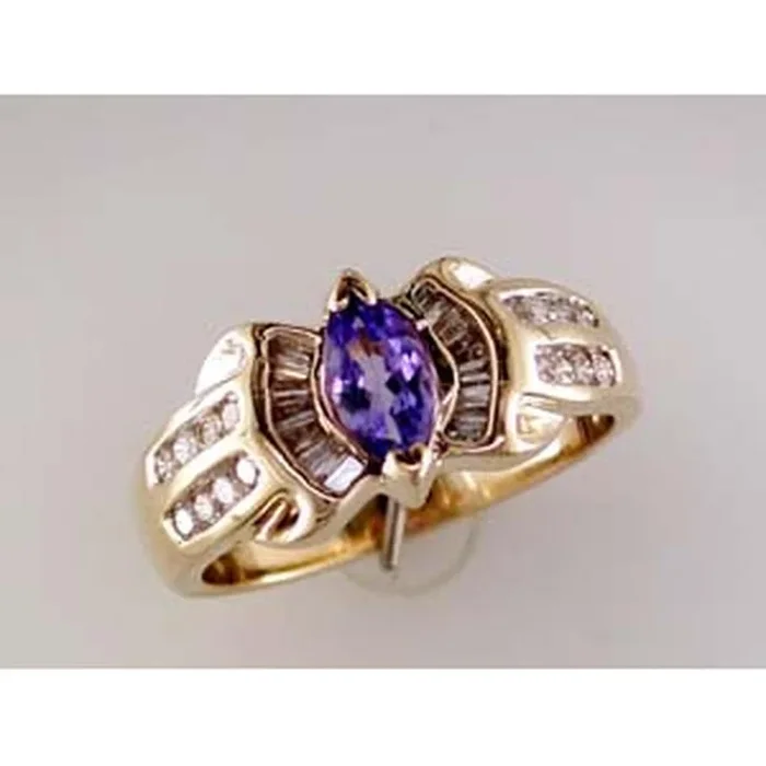 Radiant 14K Yellow Gold Tanzanite Marquise Ring with Baguette Diamonds
