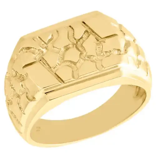 Real 10K Yellow Gold Mens Nugget Style Pinky Ring Fancy Dome Wedding Band 12.5mm