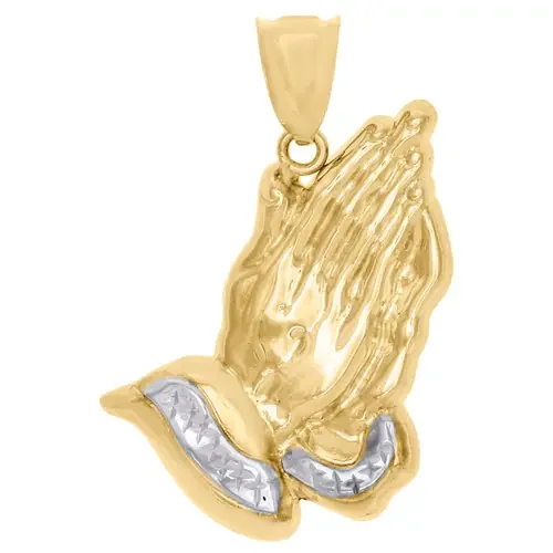 Real 10K Yellow Gold Two Tone Diamond Cut Praying Hands Pendant Charm 1.50″