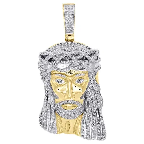 Real Diamond Jesus Face Piece Pendant .925 Sterling Silver 2″ Mens Charm 1 CT.