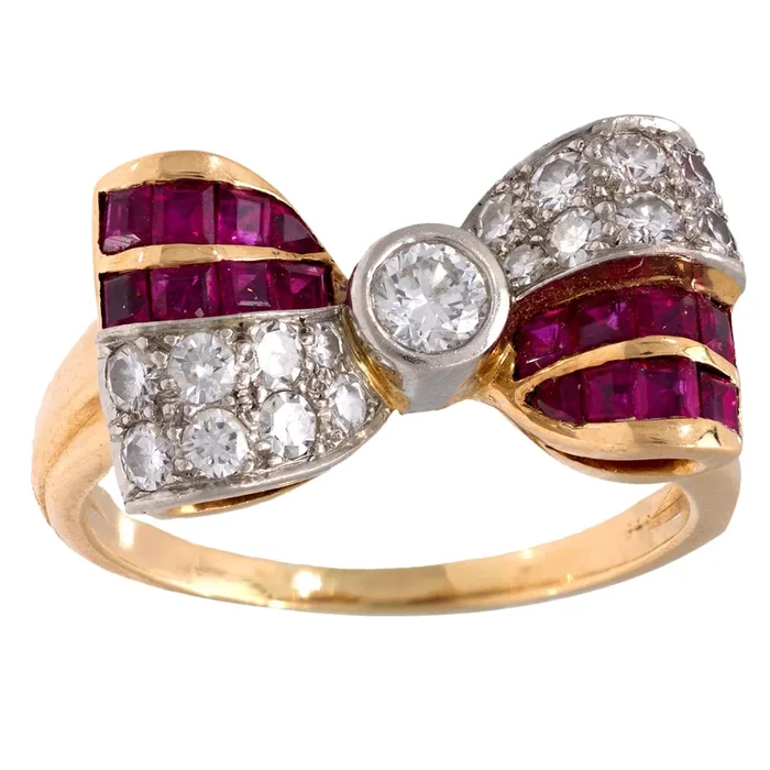 Retro diamond ruby 14k yellow gold bow tie ring