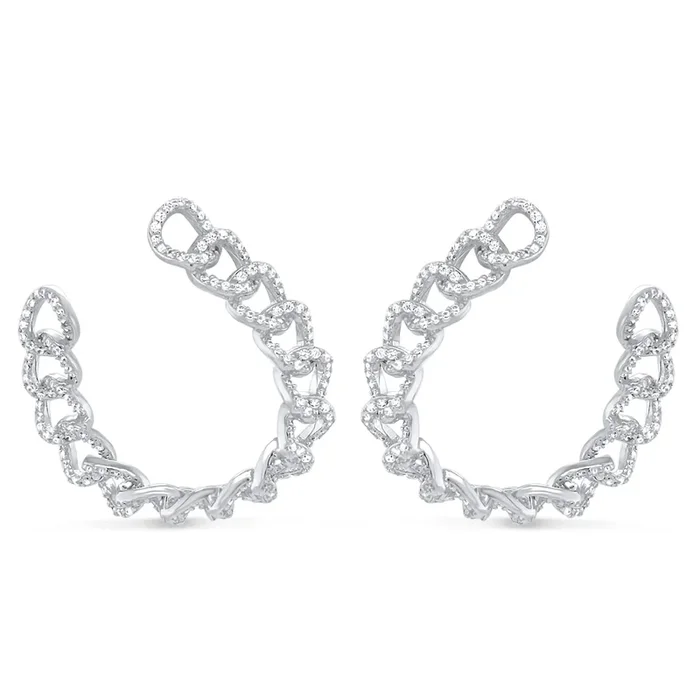RHODIUM PLATED STERLING SILVER CHAIN LINK CZ J HOOP EARRINGS