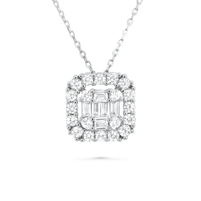 RHODIUM PLATED STERLING SILVER CUSHION HALO CZ SOLITAIRE NECKLACE