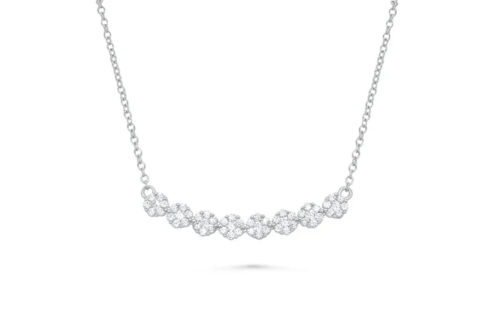 RHODIUM PLATED STERLING SILVER CZ CLUSTERS CURVED BAR NECKLACE