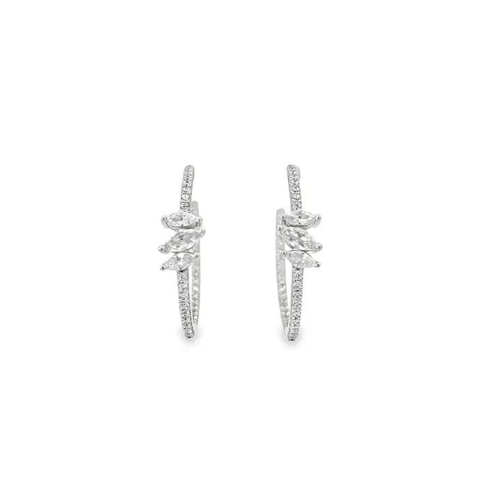 RHODIUM PLATED STERLING SILVER CZ MARQUISE ROUND HOOP EARRINGS