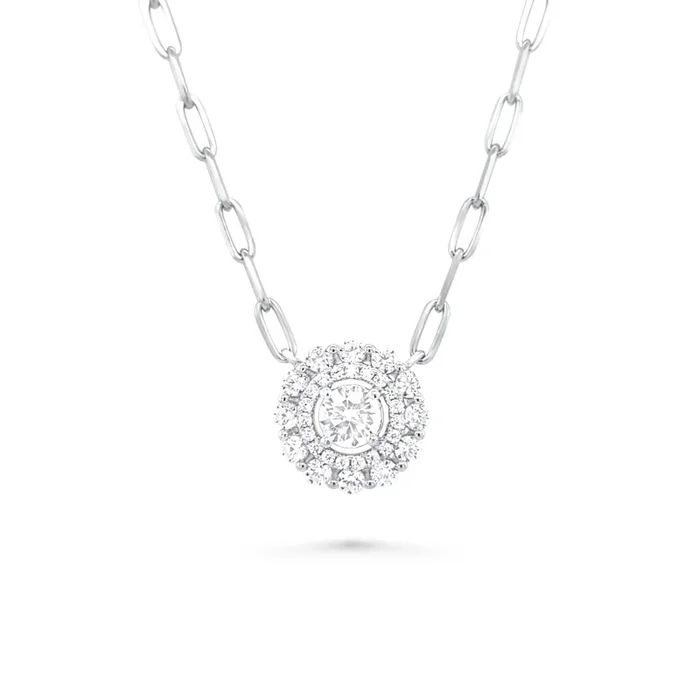 RHODIUM PLATED STERLING SILVER ROUND CZ HALO SOLITAIRE PAPERCLIP CHAIN NECKLACE