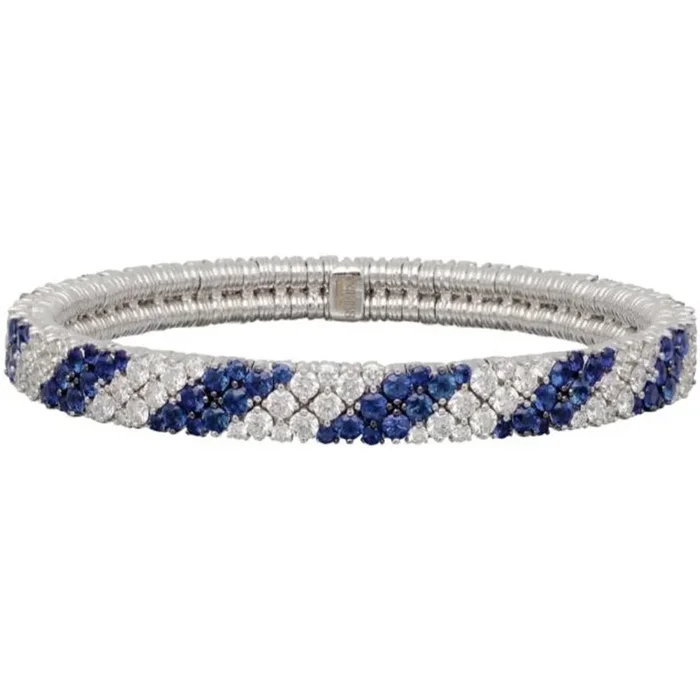 Roberto Demeglio – 2 Row Diamond and Blue Saphhire Stretch Bracelet in 18K White Gold