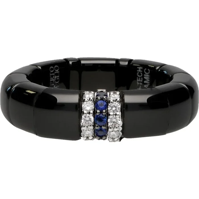 Roberto Demeglio – Black Ceramic Ring With 2 Diamond and 1 Blue Sapphire Bar in 18K White Gold