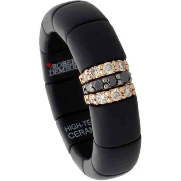 Roberto Demeglio – Matte Black Ceramic Ring With 1 Black Diamond Section and 2 Champagne Diamond Sections in 18K Two Tone