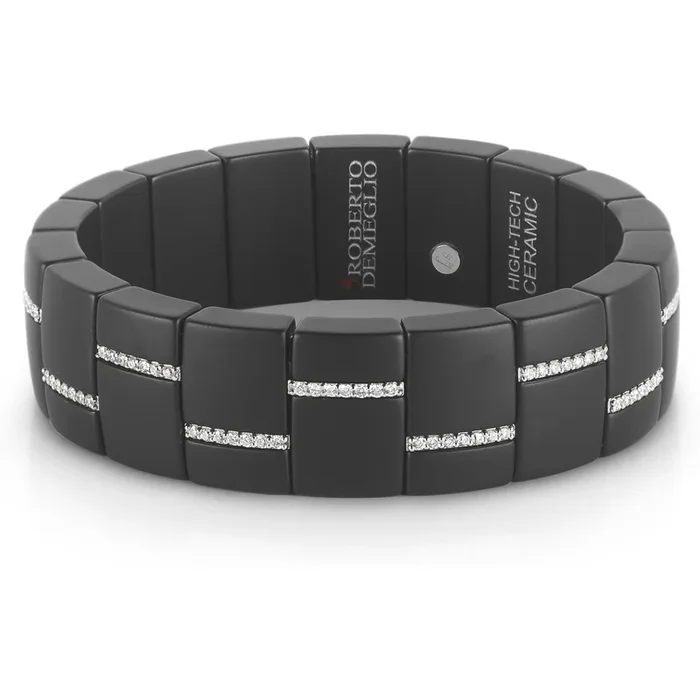 Roberto Demeglio – Rectangular Matte Black Ceramic Stretch Bracelet With Eternity Alternating Diamond Bars in 18K White Gold