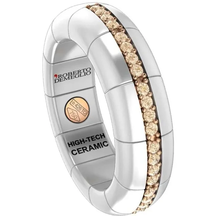 Roberto Demeglio – White Ceramic Ring With 5 Champagne Diamond Sections in 18K Rose Gold