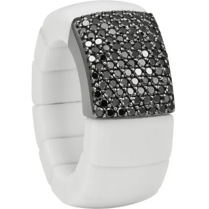 Roberto Demeglio – White Ceramic Stetch Ring With 1 Black Diamonds Station in 18K White Gold