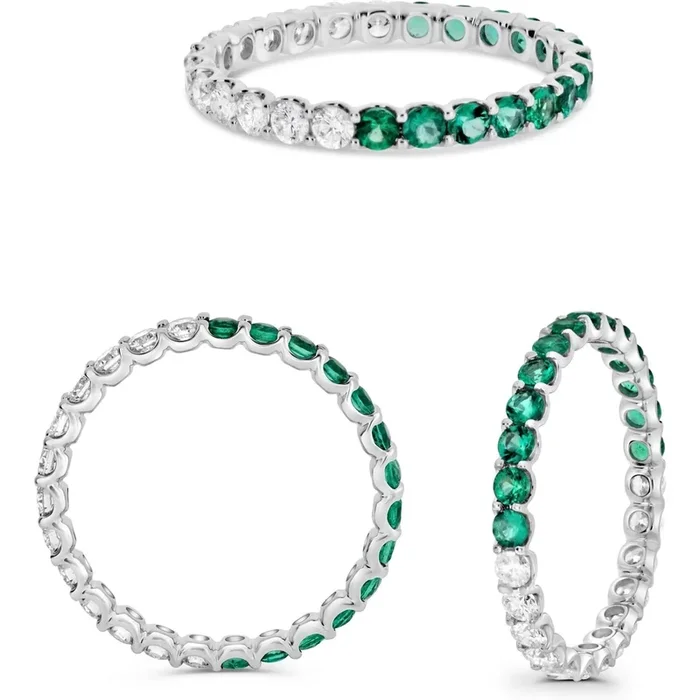 Roman & Jules 14K White Gold Dual Stone Eternity Ring with Round Diamond and Emerald – 0.48 Carat Each