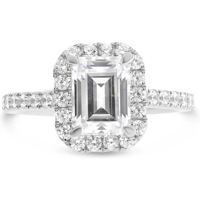 Roman & Jules 14K White Gold Four Prong Halo Engagement Ring with Cascading Diamond Shank