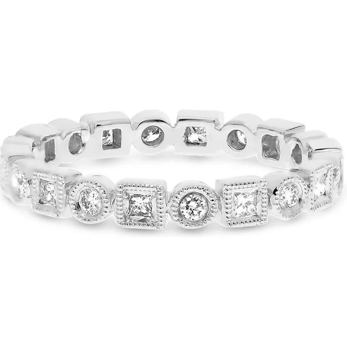 Roman & Jules 14K White Gold Geometric Design Eternity Diamond Band – 0.18 Carat Princess Cut Diamonds.