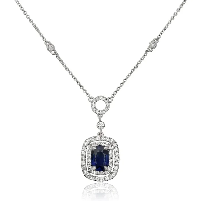 Roman & Jules 18K White Gold Double Halo Sapphire Drop Necklace – 1.39 Carat Sapphire, 1.39 Carat Diamonds