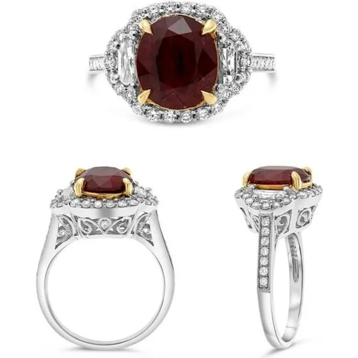 Roman & Jules 18K White Gold Oval Ruby Ring with Diamond Halo – 2.99 Carat Ruby, 0.48 Carat Diamonds
