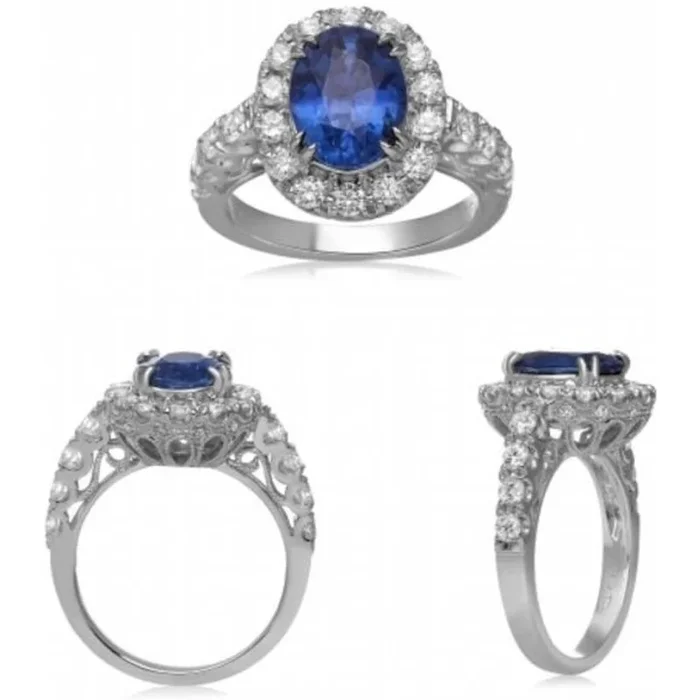Roman & Jules 18K White Gold Oval Sapphire Ring with 1.18 Carat Round Diamond and 2.90 Carat GIA Certified Oval Sapphire