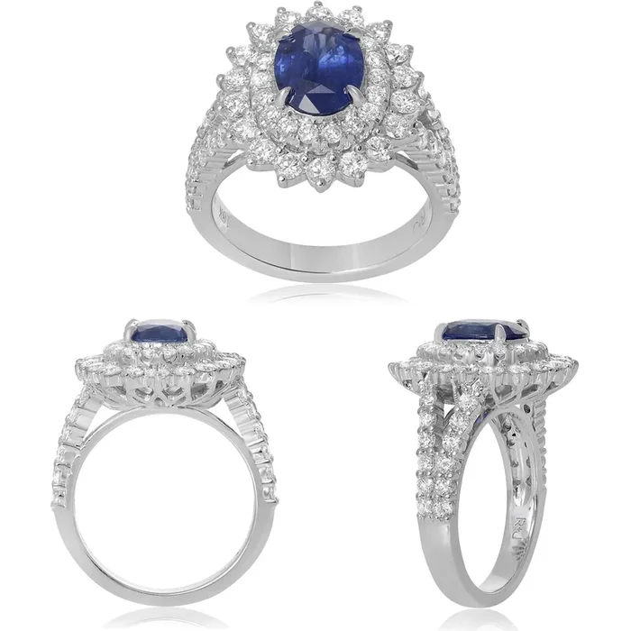Roman & Jules 18K White Gold Oval Sapphire Ring with 1.65 Carat Sapphire and 2.00 Carat Diamond Accents