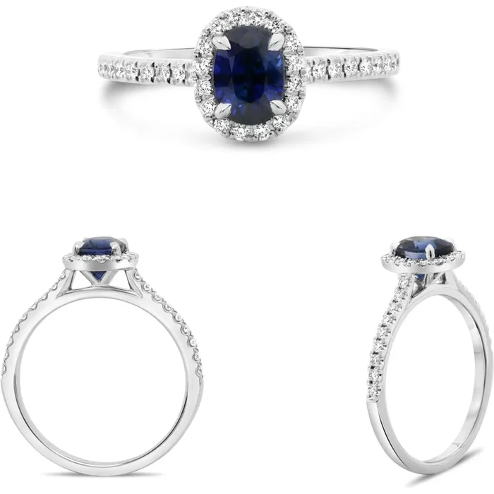 Roman & Jules Oval Blue Sapphire & Diamond Halo Ring – 1.20 Carat Sapphire, 0.29 Carat Diamonds