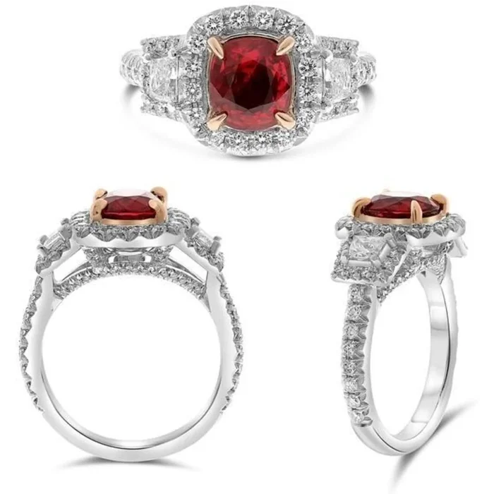 Roman & Jules Platinum Cushion Cut Ruby and Diamond Halo Ring